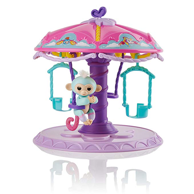 WowWee Fingerlings Playset: Twirl-A-Whirl Carousel with 1 Fingerlings Baby Monkey - Abigail (Light Blue with Pink Glitter)