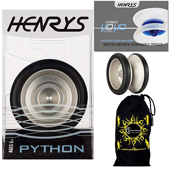 Henrys PYTHON Pro YoYo (Black) Metal Professional String Trick (1A, 3A, 5A) Bearing YoYo +Instructional Booklet of Tricks & Travel Bag! Top Of The Range YoYo! Pro YoYos For Kids and Adults.