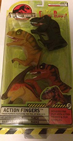 The Lost World: Jurassic Park Action Fingers Finger Puppet 4 Pack - Velociraptor, Baby T-Rex, Paras, T-Rex